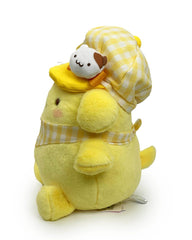 The yellow gingham print outfit adds a touch of classic style to his ensemble, while the newsboy hat and neck handkerchief brings a playful and fashionable flair. Whether you're a collector of Sanrio treasures, a lover of cute plushies, or simply looking to brighten your day with a touch of whimsy, this Newsboy Pompompurin Plushie in Yellow Gingham is sure to steal your heart.