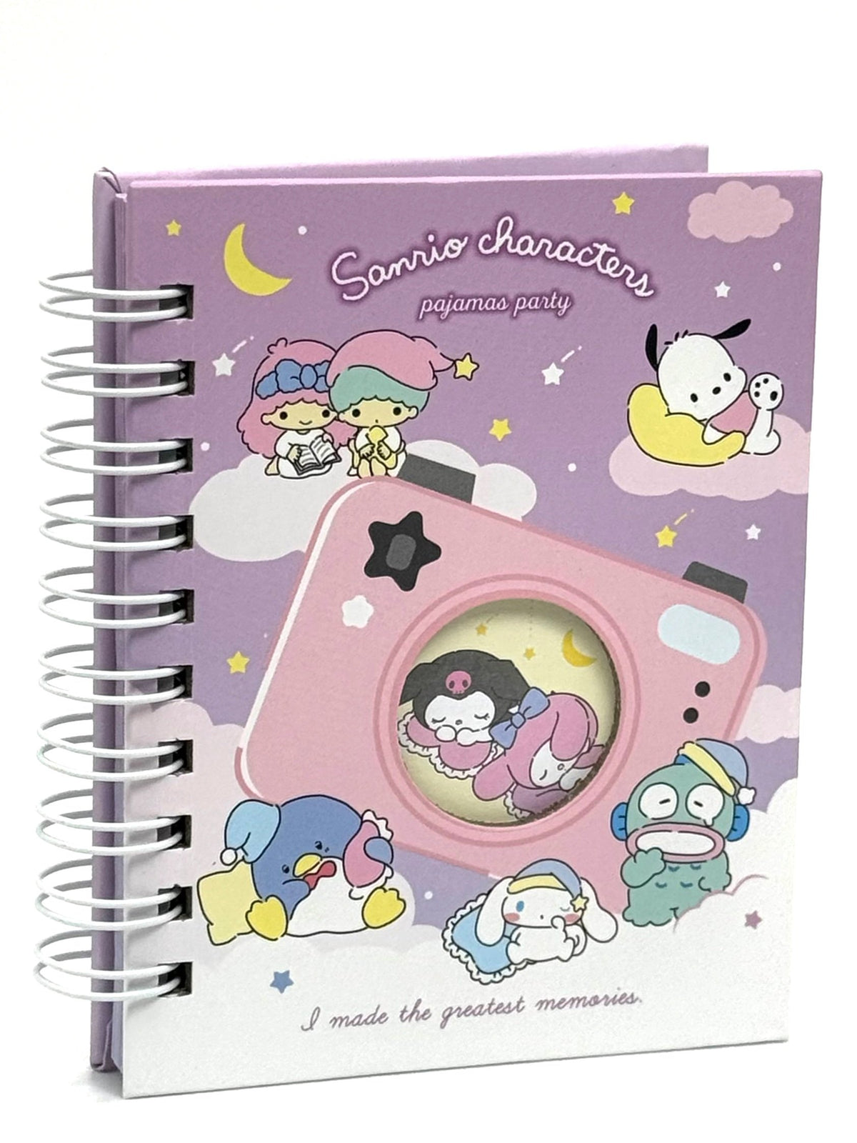 This Memo Pad features all your favourite characters - My Melody, Kuromi, Poccacho, Little Twin Stars, Cinnamoroll, Hangyodon and Tuxedo Sam. They're all dressed for bedtime and ready to help you jot down&nbsp;notes, lists, reminders, doodles, or your precious memories on any given day. The hard-bound cover is die-cut to represent a camera lens, adding a tactile element that rewards everytime you reach for your lil book of treasures.