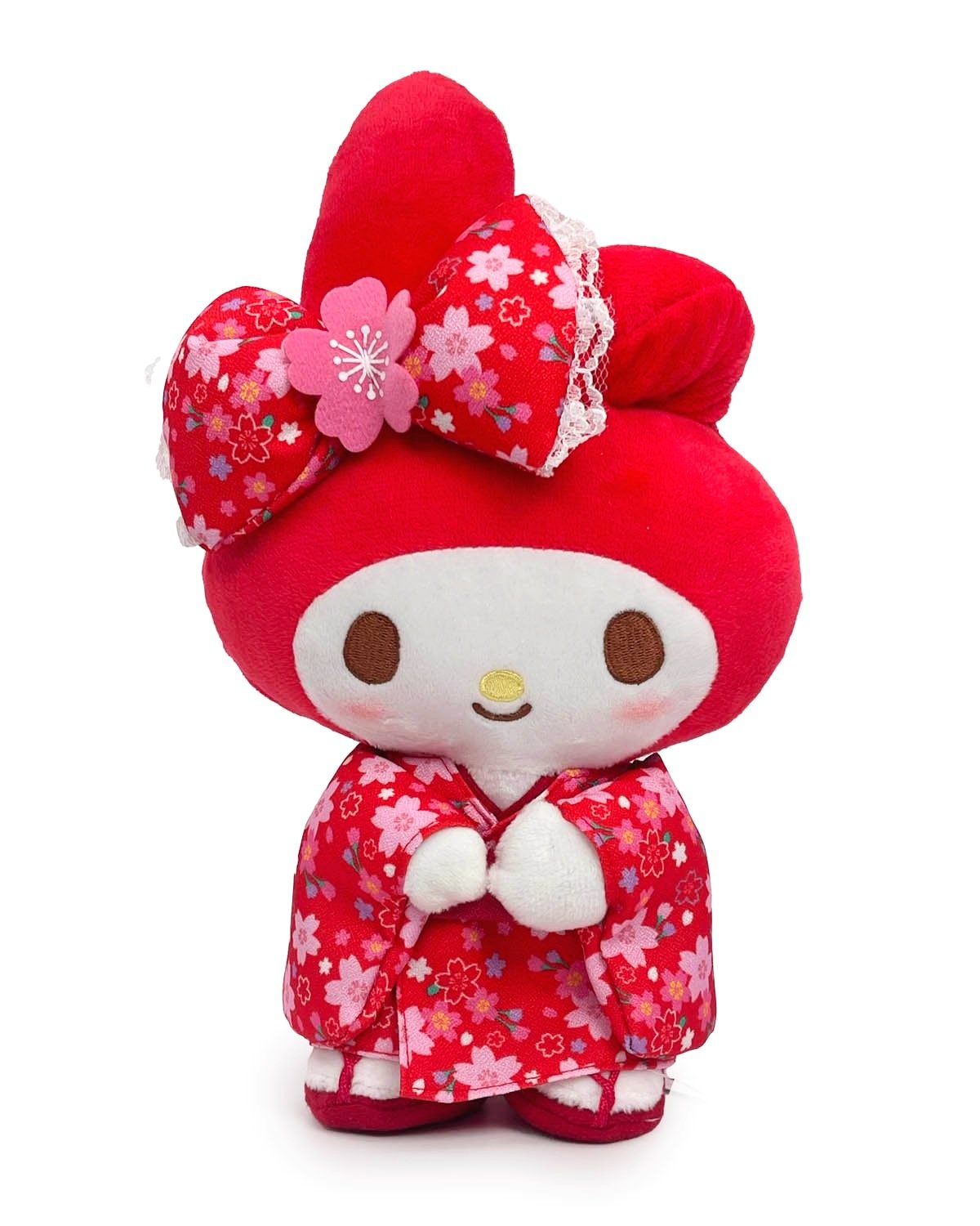 My Melody, charming generations of admirers for decades, appears as a high quality plush in cherry blossom kimono with matching sakura bow. Vibrant reds and flushing cheeks bring the fire.  Sanrio collectors, grab this special Red Cherry Blossom Kimono My Melody Plushie while supplies last!