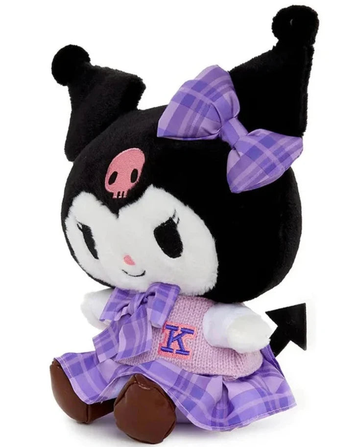 It's the adorable Schoolgirl Kuromi Purple Plaid Plushie! She'll go to school but not without an attitude! Kuromi has grudgingly agreed to wear this cute plaid dress, but is that bow going to survive the day?!! Nerdy charm and Sanrio cuteness meets sass and audacity in a delightfully contradictory combination.