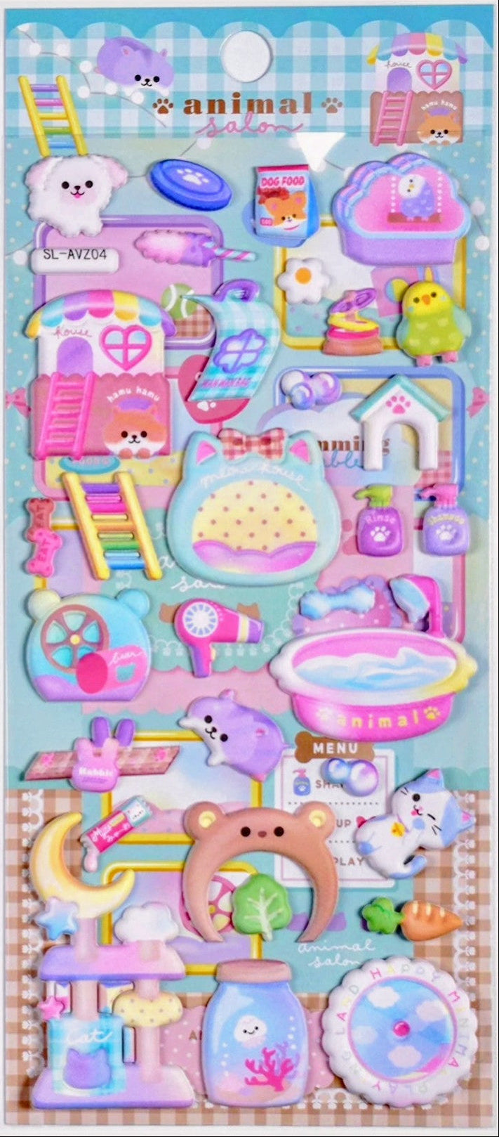 This adorable pet spa scene is packed with everything for a cozy little grooming getaway—from fluffy bath time and shampoo to tasty treats, cute accessories, and plenty of post-spa lounging. This Spa Day at the Animal Salon Kawaii Puffy Sticker Sheet is perfect for anyone who loves pets, pastel colors, and all things cute! 