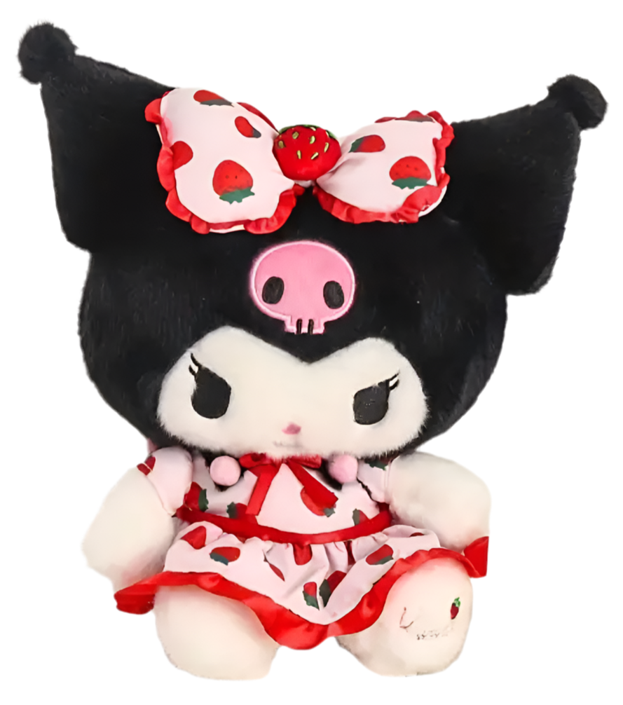 Our delightful Strawberry Fields Kuromi Plushie features Kuromi in an adorable strawberry print dress&nbsp;—a delightful blend of mischief and charm! Dressed in a vibrant strawberry print dress adorned with playful bow ruffles, she’s the perfect embodiment of summer whimsy. With her cheeky grin and eye-catching design, this plushie stands out as a unique collectible or a sweet companion.