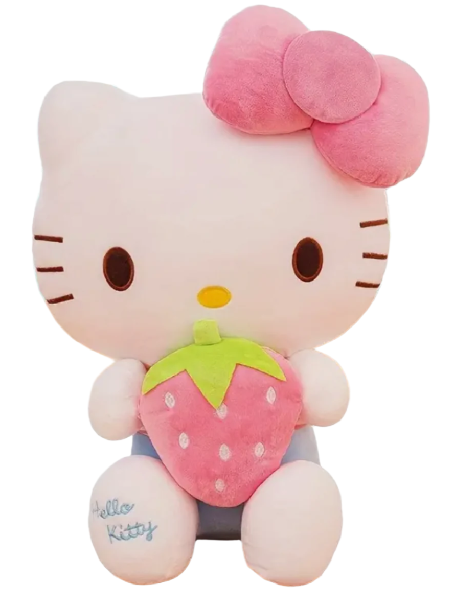 Strawberry Love Hello Kitty Plushie is perfect for the lover of Sanrio classics. A big squishie bow, big squishie strawberry, embroidered details…all come together for a sweet, huggable friend that can bring comfort or fashionably decorate any space.