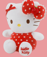 Our Strawberry Red Polka Dots Hello Kitty Plushie adds a sweet splash of strawberry charm to your Sanrio collection! This adorable plush features Hello Kitty in a delightful red polka dot design, perfectly complemented by her special red bow with white polka dots and a charming strawberry accent in the center. "Hello Kitty" is embroidered on the foot, adding a classy personalized touch.