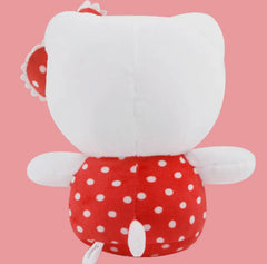 Our Strawberry Red Polka Dots Hello Kitty Plushie adds a sweet splash of strawberry charm to your Sanrio collection! This adorable plush features Hello Kitty in a delightful red polka dot design, perfectly complemented by her special red bow with white polka dots and a charming strawberry accent in the center. "Hello Kitty" is embroidered on the foot, adding a classy personalized touch.