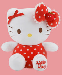 Our Strawberry Red Polka Dots Hello Kitty Plushie adds a sweet splash of strawberry charm to your Sanrio collection! This adorable plush features Hello Kitty in a delightful red polka dot design, perfectly complemented by her special red bow with white polka dots and a charming strawberry accent in the center. "Hello Kitty" is embroidered on the foot, adding a classy personalized touch.