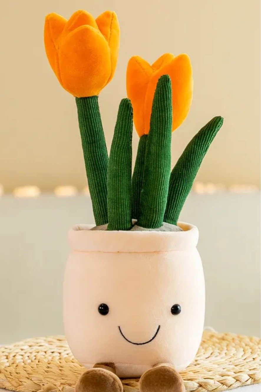 Our Tulip Flower Potted Plant Plushies will delight with their perfect petals, chunky soft stems, happy smiles and their fun, floppy legs. Perched on a shelf or snuggled beside a photo-frame these pleasant plants are sure to bring a touch of positivity to any home or workspace ! 