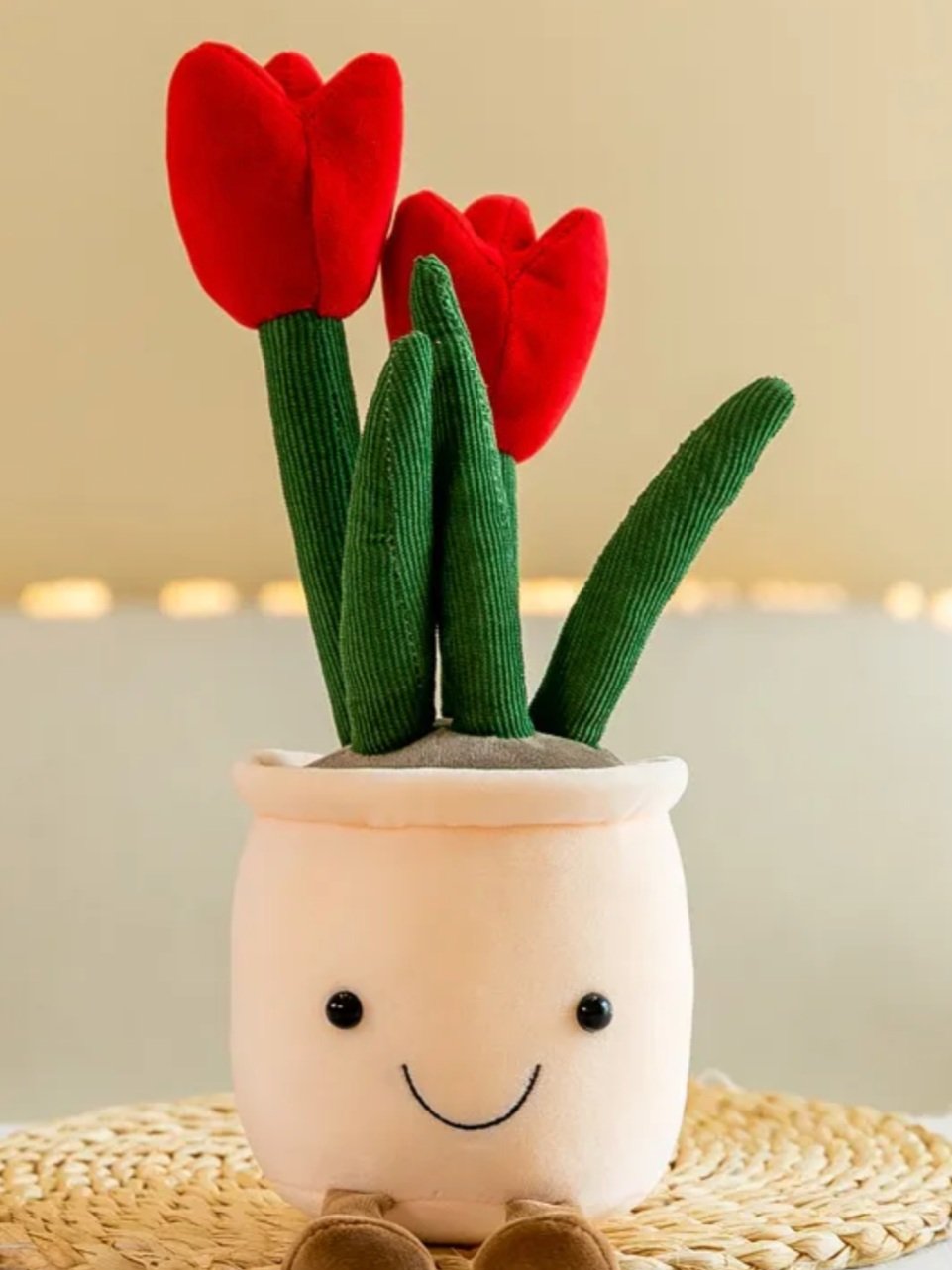 Our Tulip Flower Potted Plant Plushies will delight with their perfect petals, chunky soft stems, happy smiles and their fun, floppy legs. Perched on a shelf or snuggled beside a photo-frame these pleasant plants are sure to bring a touch of positivity to any home or workspace ! 