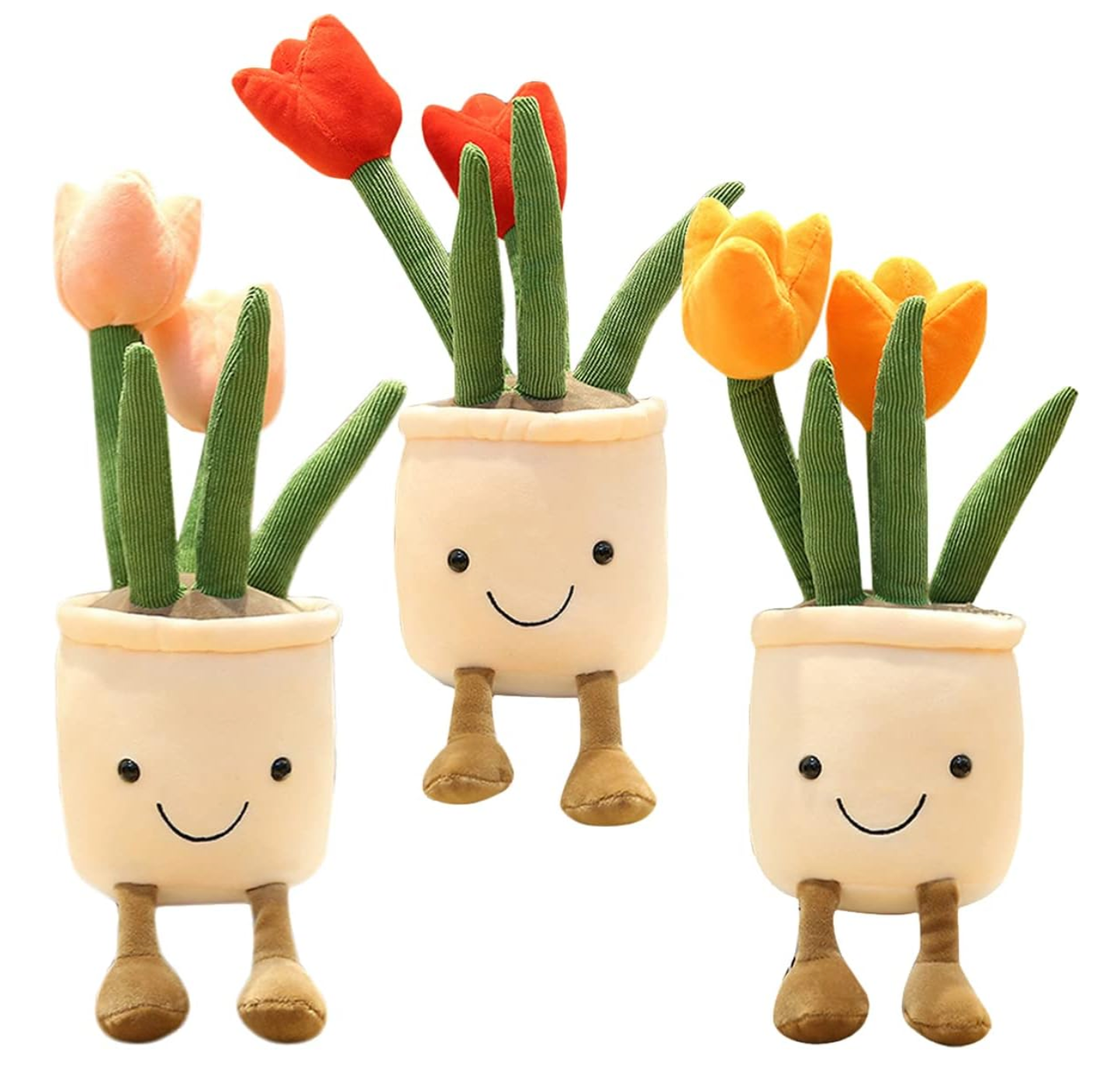 Our Tulip Flower Potted Plant Plushies will delight with their perfect petals, chunky soft stems, happy smiles and their fun, floppy legs. Perched on a shelf or snuggled beside a photo-frame these pleasant plants are sure to bring a touch of positivity to any home or workspace ! 