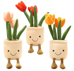 Our Tulip Flower Potted Plant Plushies will delight with their perfect petals, chunky soft stems, happy smiles and their fun, floppy legs. Perched on a shelf or snuggled beside a photo-frame these pleasant plants are sure to bring a touch of positivity to any home or workspace ! 