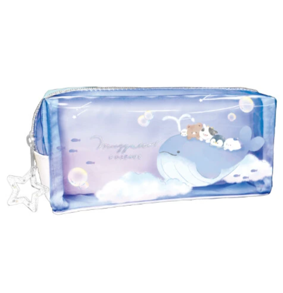 The Whale Buddies Pencil Case you see before your very eyes is sure to boost joy as you settle down for your studying and writing activities. Zip and unzip the case with its hefty star charm and let your imagination soar along the clouds like the adorable characters. Use it for storing other stuff, too! Why not receipts?  The Whale Buddies Pencil Case is a pouch featuring an illustration of Mugutto Furenz. Mugutto Furenz (AKA Mugyutto Friends!) are a popular group of characters originating in Japan and are 