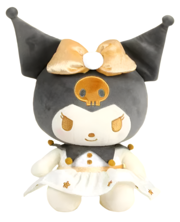 This elegant White &amp; Gold Kuromi Plushie adds a touch of luxury with its cream, white, and shimmering gold palette. Kuromi wears a lovely white dress adorned with delicate gold details; her signature jester collar has gold pom-poms, and her large skull emblem and head bow are transformed into a eye-catching golden hue.