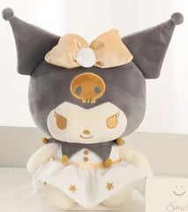 This elegant White &amp; Gold Kuromi Plushie adds a touch of luxury with its cream, white, and shimmering gold palette. Kuromi wears a lovely white dress adorned with delicate gold details; her signature jester collar has gold pom-poms, and her large skull emblem and head bow are transformed into a eye-catching golden hue.

Soft and beautifully crafted, this plushie from Sanrio offers a stylish twist on the classic Kuromi look, making it perfect for both cuddles and display. Ideal for collectors and fans, t