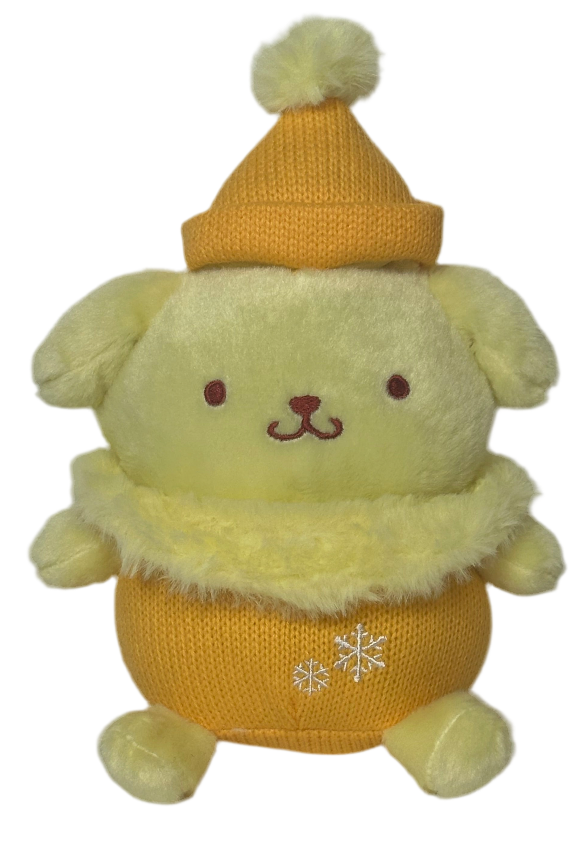 Dressed for the chilly weather, this Winter Pom Poms n Furs Pompompurin Plushie is ready to bring warmth and joy to your plush collection with its snug winter accessories and irresistibly soft fur.

Pompompurin’s classic charm shines through with a festive winter twist—the adorable snowflake embroidery adds extra warmth to this seasonal look. The pompom atop its beanie is to-die-for and the fur collar is keepin' it classy but cute!