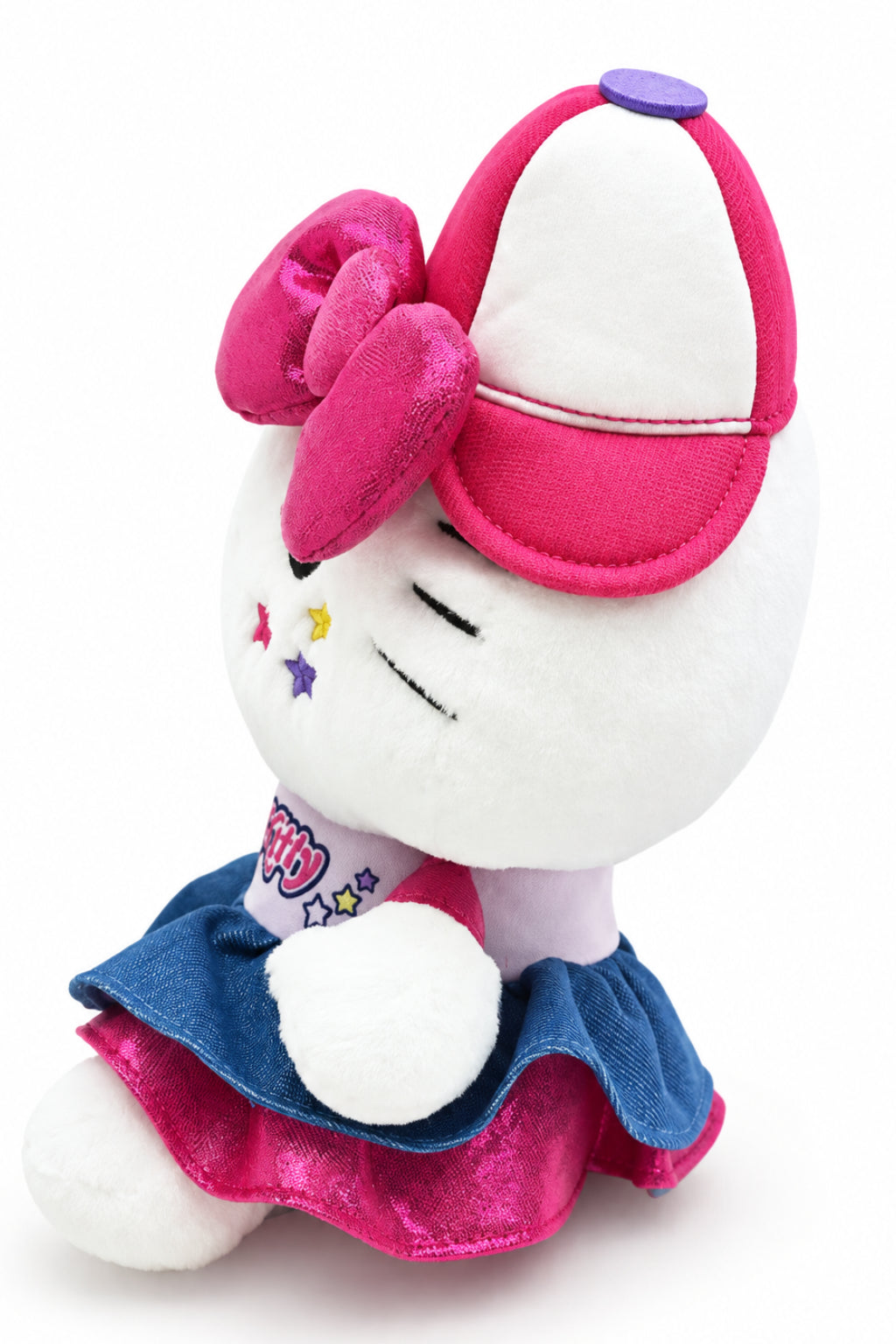 This is a must have for all Hello Kitty fans and collectors! This stylish Y2K Heisei Hello Kitty plushie is dressed in a charming pink bow and blue skirt, giving her the perfect girly, lovable, hip, and cute look. Her soft, cuddly design and high quality frabric make her perfect for Hello Kitty lovers, plush collectors, bedroom décor, or anyone who loves a little extra sweetness!