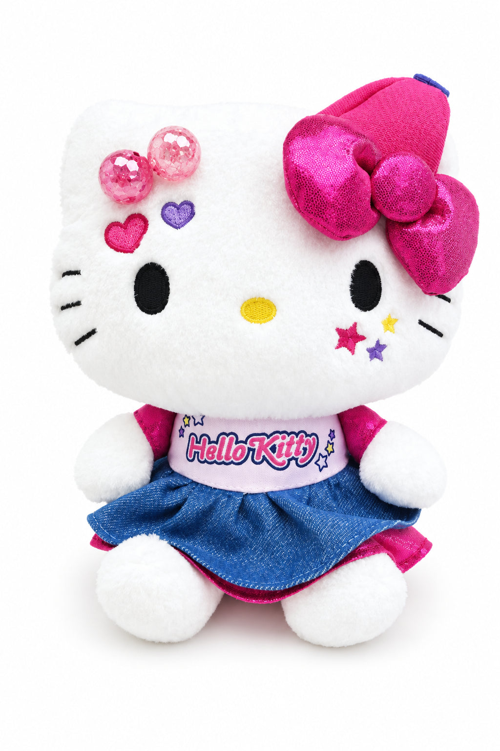 This is a must have for all Hello Kitty fans and collectors! This stylish Y2K Heisei Hello Kitty plushie is dressed in a charming pink bow and blue skirt, giving her the perfect girly, lovable, hip, and cute look. Her soft, cuddly design and high quality frabric make her perfect for Hello Kitty lovers, plush collectors, bedroom décor, or anyone who loves a little extra sweetness!
