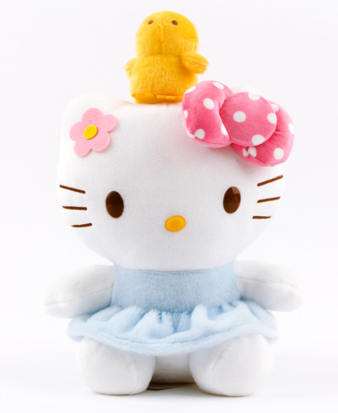 Bring double the cuteness to your collection with the Yellow Birdie Buddy Hello Kitty Plushie! This adorable plush features Hello Kitty in a cheerful blue dress, polka dot pink bow, flower barrette, and made EVEN sweeter with a cheerful yellow bird perched on her head. The bird adds a pop of sunny charm, symbolizing friendship and joy.

Made with soft, huggable fabric with premium stitching, this cuddly companion is perfect for snuggles, playtime, or as a delightful display piece.