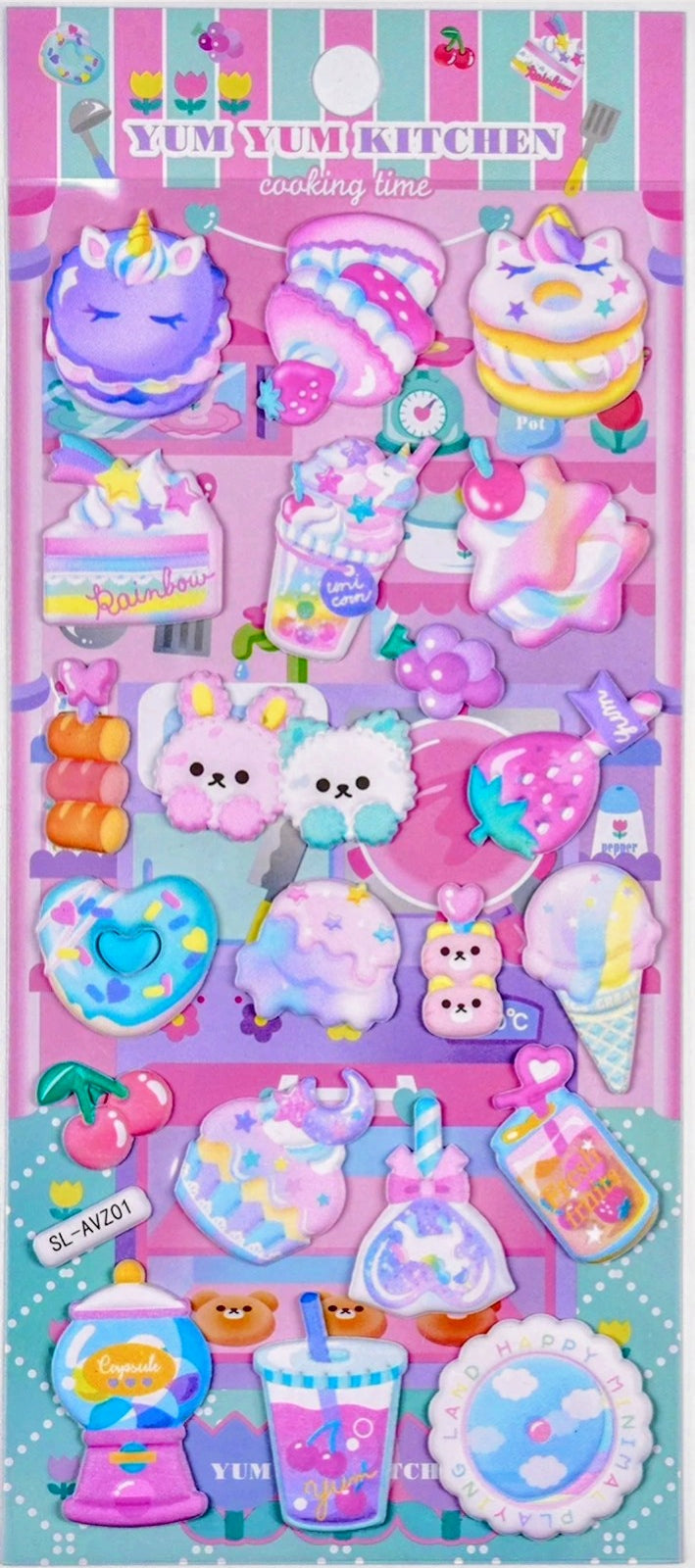 Turn anything into a pastel kawaii dream with this adorable Yum Yum Kitchen Kawaii Puffy Sticker Sheet!! Filled with sweet treats, cute characters, fruits, drinks, and colorful kitchen-inspired designs, these stickers are perfect for adding a little extra sugar and sparkle to your everyday things!