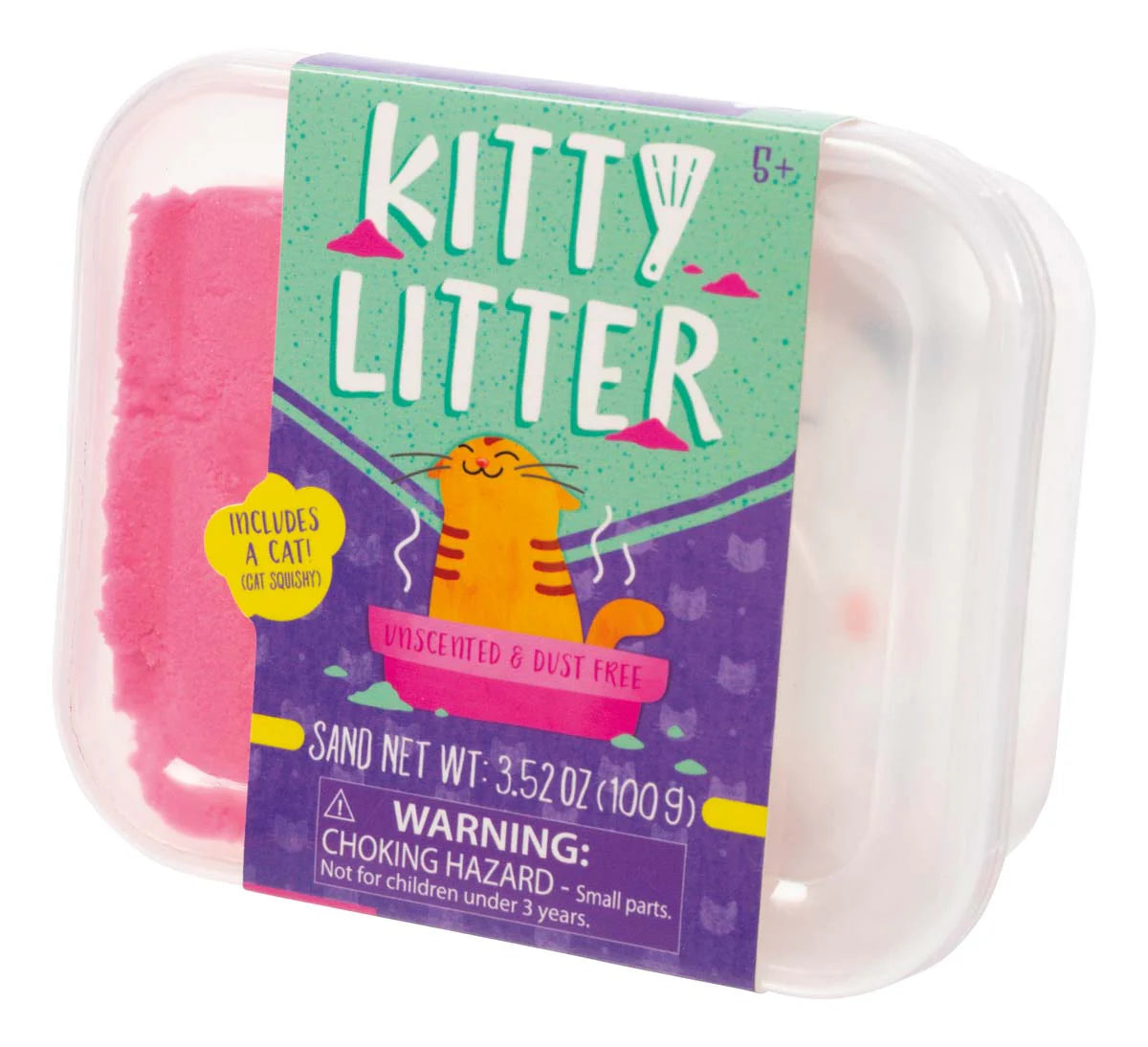 Unlike other slime toys that are goopy and slimy, this one is sand-based, so it’s easy to mold, sculpt, and squish. A great fidget toy with a calming effect. Comes with a fun black, orange, teal, and pink display case with kitty litter scooper illustration.