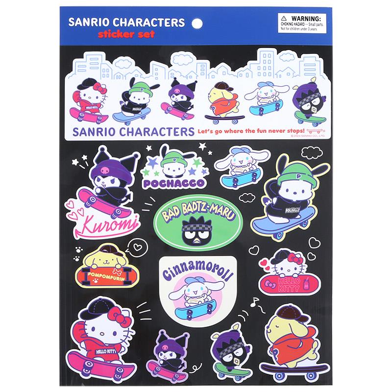 Get ready to roll with your favorite Sanrio characters on wheels! This vibrant sticker sheet features beloved characters Kuromi, Pochacco, Bad Badtz Maru, Pompompurin, Hello Kitty, My Melody, and Cinnamoroll in cool skateboarding poses. Each sticker showcases the characters in colorful, action-packed designs that capture the fun and excitement of skateboarding.