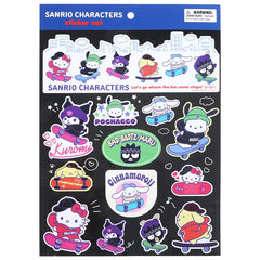 Get ready to roll with your favorite Sanrio characters on wheels! This vibrant sticker sheet features beloved characters Kuromi, Pochacco, Bad Badtz Maru, Pompompurin, Hello Kitty, My Melody, and Cinnamoroll in cool skateboarding poses. Each sticker showcases the characters in colorful, action-packed designs that capture the fun and excitement of skateboarding.