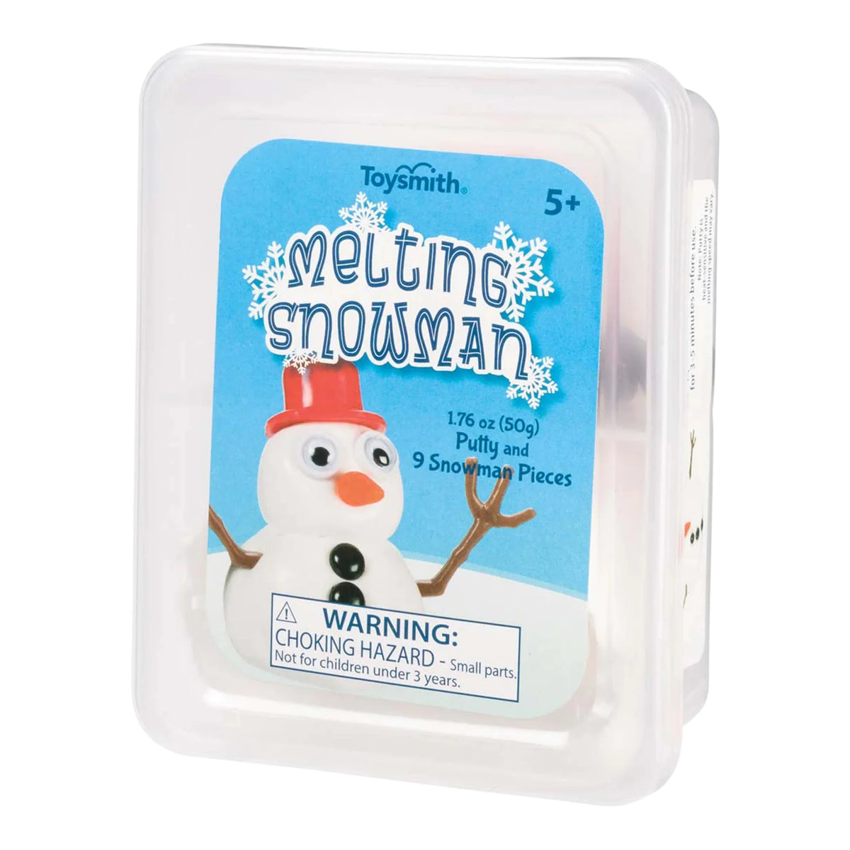 The Melting Snowman comes in a reusable plastic container, so kids can build their own snowman, decorate him, watch him melt, then start the fun all over again. Each snowman putty slime kit includes everything kids need: a hat, googly eyes, nose, pipe, buttons, and stick arms.